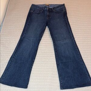 PAIGE Blue Flare Wide Leg Jeans with Subtle Fading